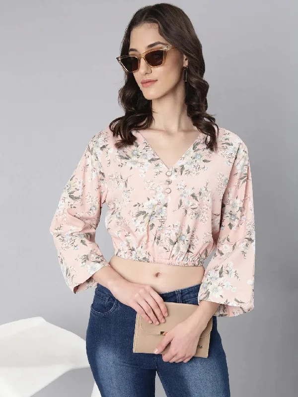 Women Peach Floral Blouson Crop Top-AE-10771-Peach Hooded Caped Shawl Collar