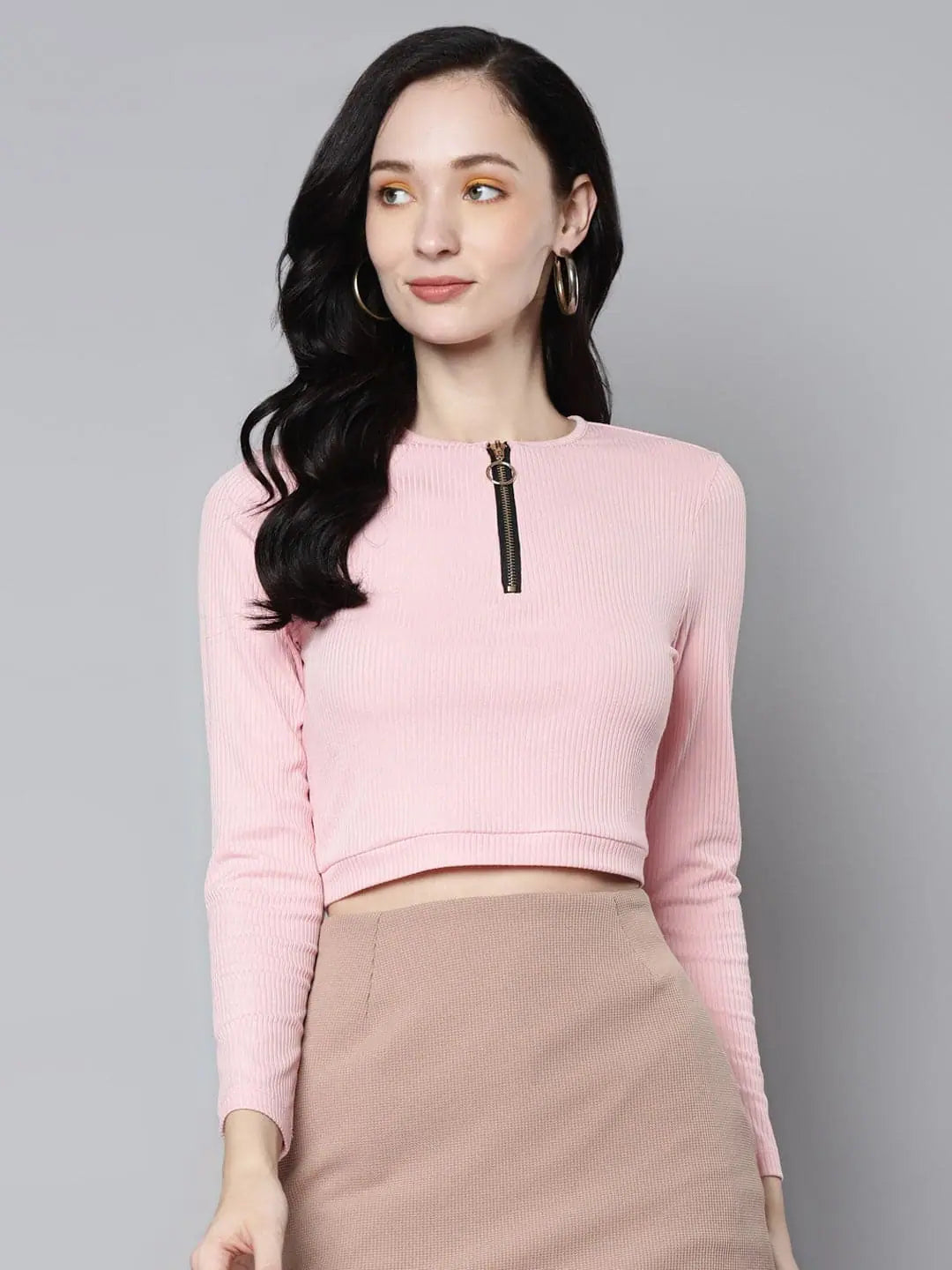 Women Pink Rib Zip Front Full Sleeves Crop Top Chenille Blend Fleece Blend Nylon Blend