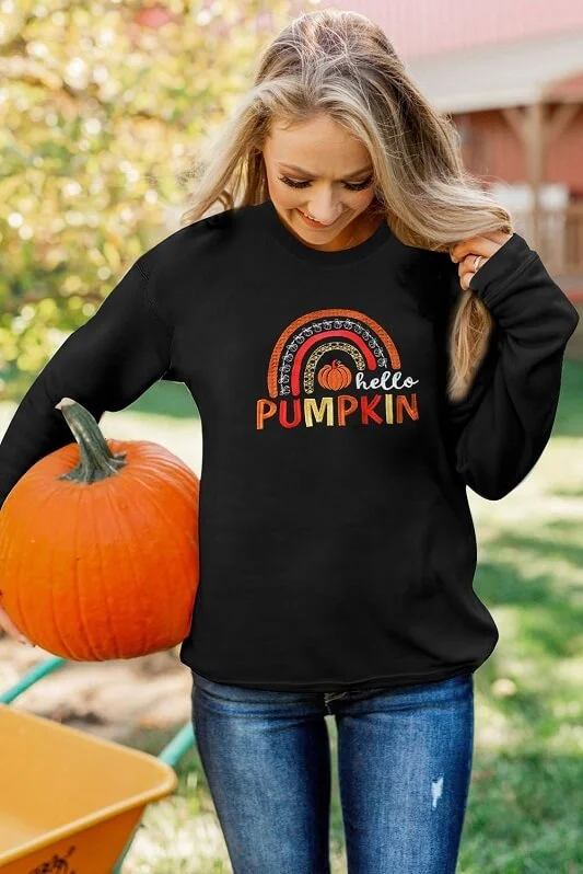 Hello Pumpkin Graphic Embroidered Sweatshirt Hoodie with Metallic Shiny Futuristic