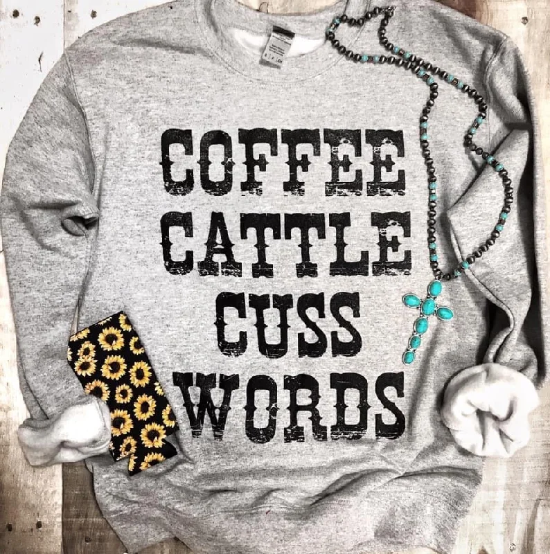 Coffee Cattle & Cuss Words Sweatshirt Hoodie with Side Slits Relaxed Casual