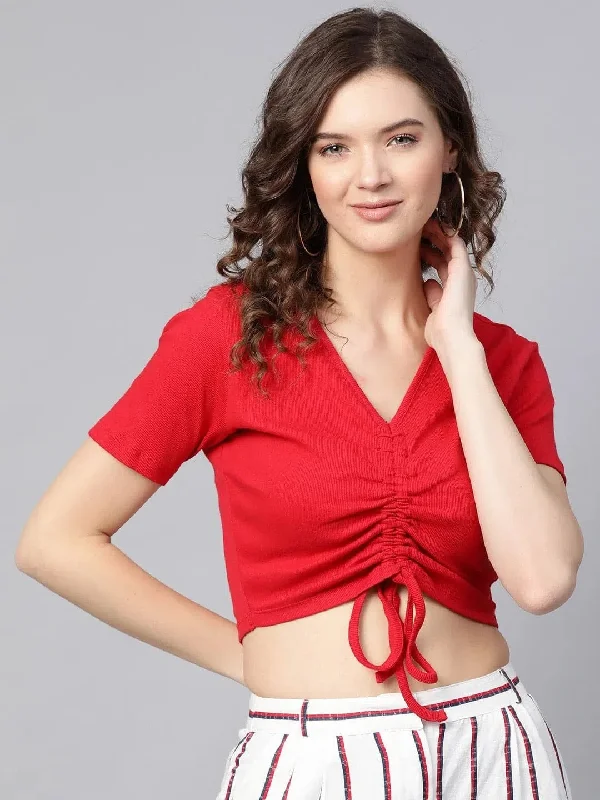 Red Rouched Crop Top Anti-Pilling Machine Wash Handmade