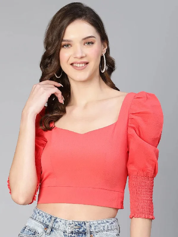 Coral Bright Puff Sleeved Women Crop Top Zippered Front Buttoned Front Snap Front