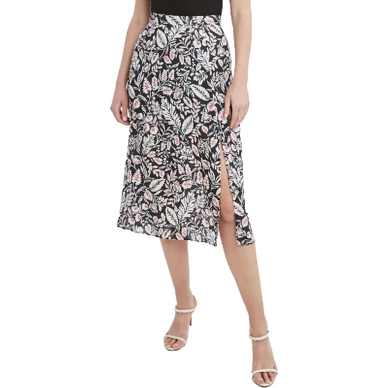 Womens Midi Floral Print A-Line Skirt linen skirt natural