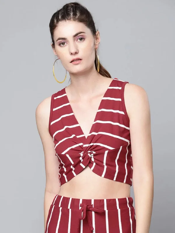 Maroon Stripes Twisted Crop Top Front Pockets Side Pockets Patch Pockets