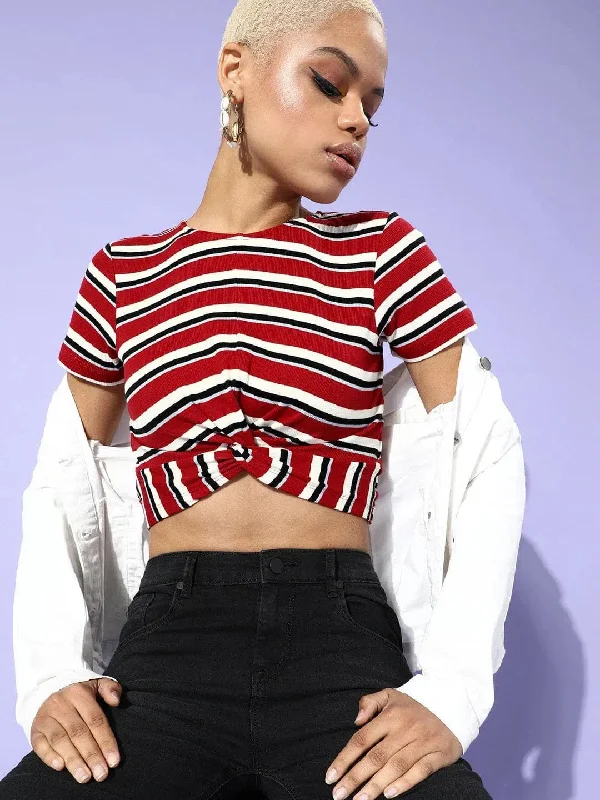 Red Multi Stripe Front Knot Rib Crop Top Fashionable Trendy Casual