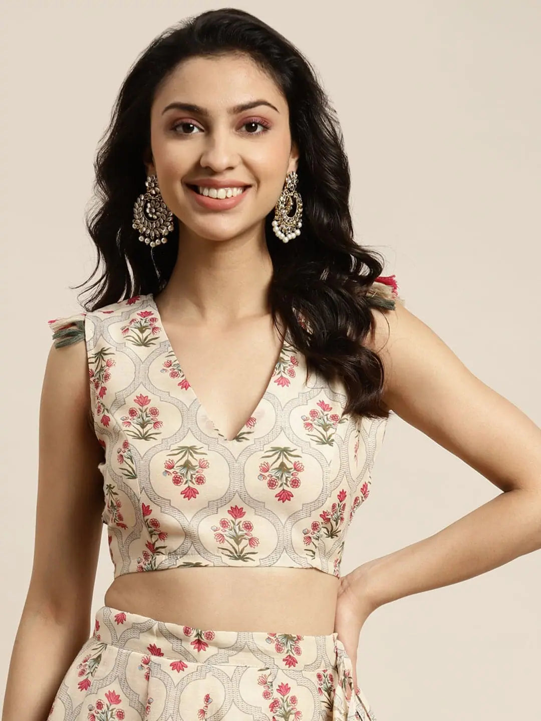 Women Beige Chanderi Mughal Floral Sleeveless Crop Top Thin Crop Top Open Front Quick Dry