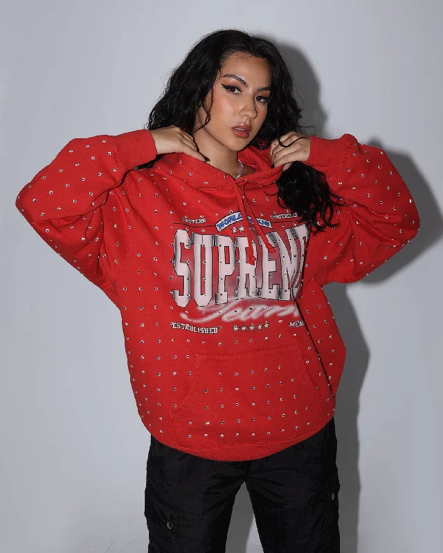 Supreme Rhinestone Hoodie Sweatshirt Burnt Red Hoodie with Ribbed Neckline Snug Warm