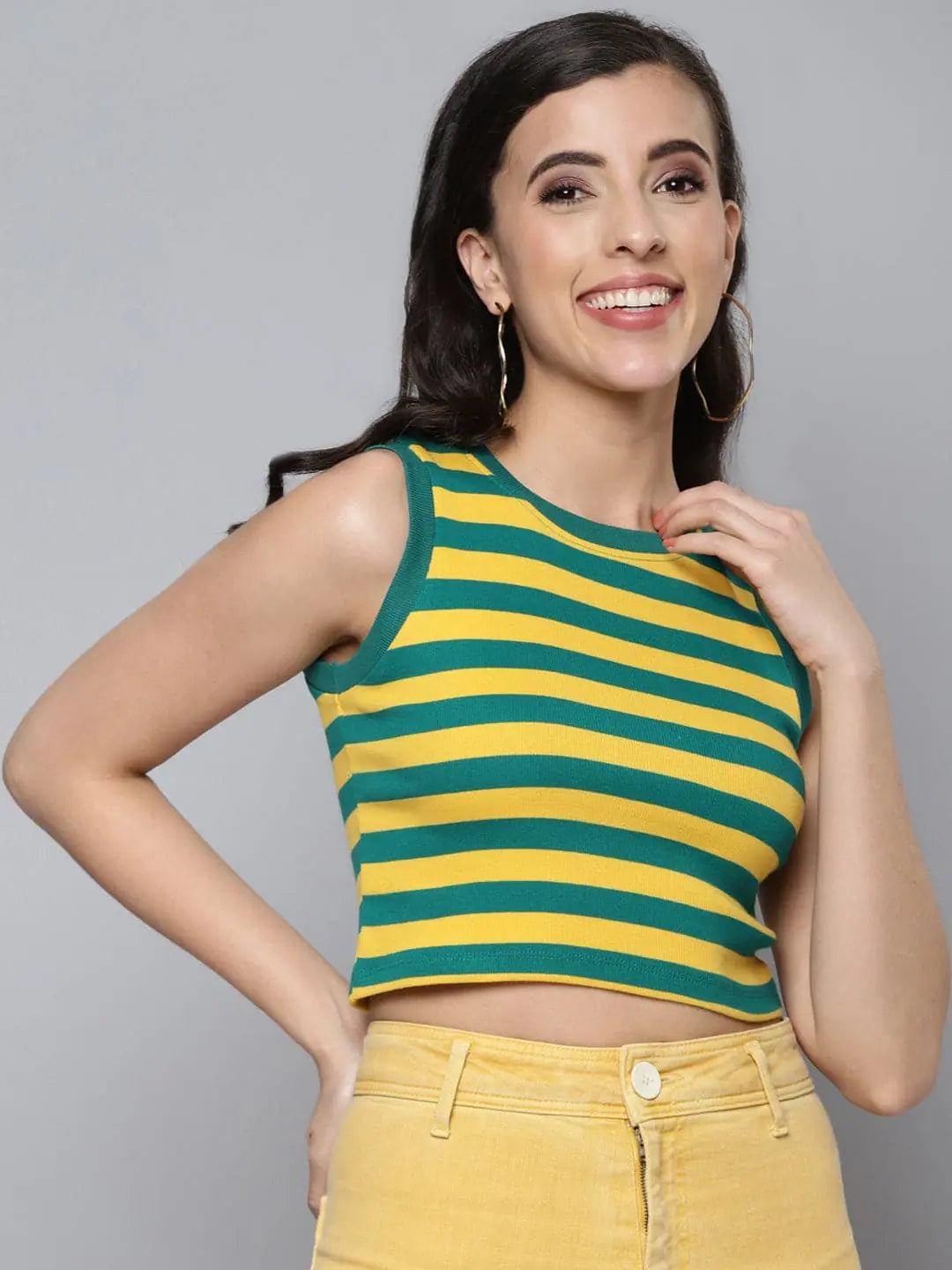 Women Green & Yellow Rib Sleeveless Crop Top Thin Crop Top Open Front Quick Dry