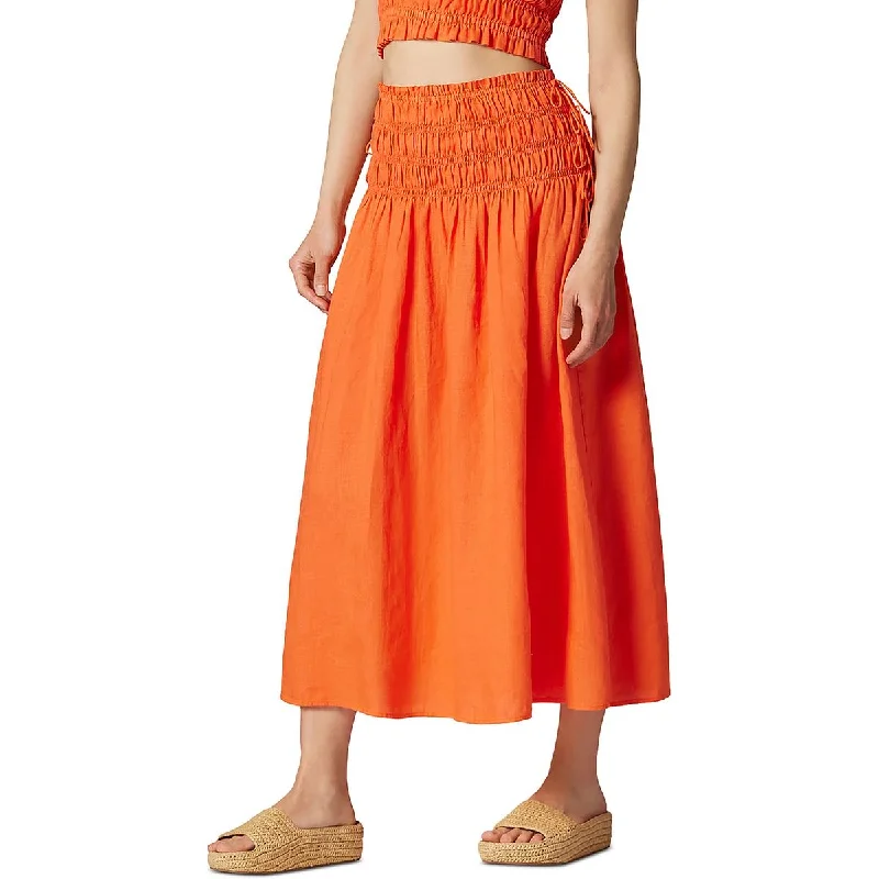 Womens Linen Smocked Midi Skirt casual skirt length