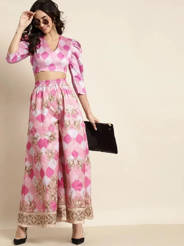 Pink Mughal Print Puff Shoulder Crop Top Summer Crop Top Casual Short Sleeve