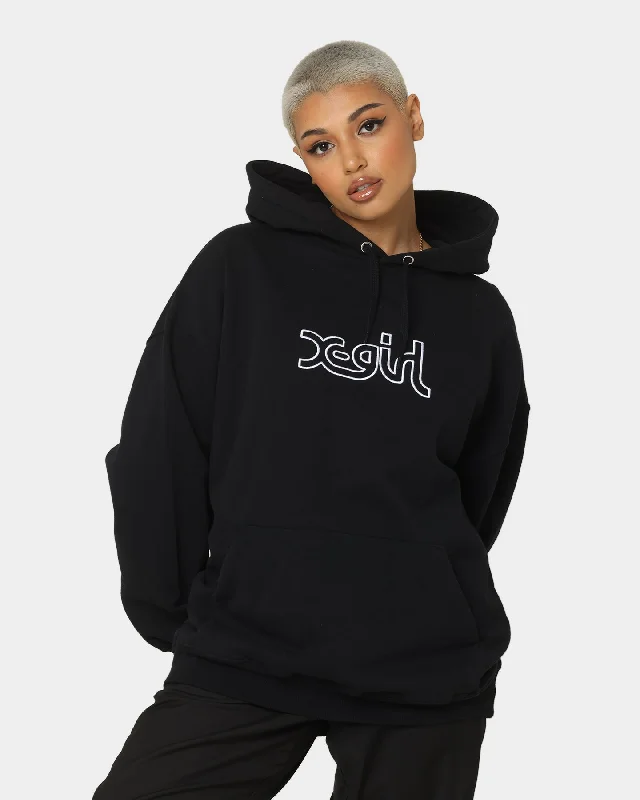 X-Girl Women's Mills Logo Hoodie Black Hoodie with Ribbed Cuffs Snug Fit Comfort