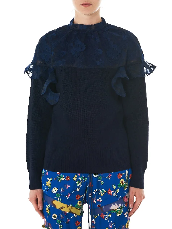 Floral Lace Sweatshirt (18-03822-NAVY) Hoodie with Set-In Sleeves Structured Classic