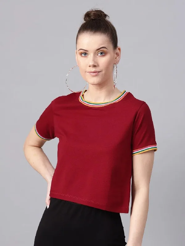 Maroon Athleisure Rib Crop Top Welt Pockets Slit Pockets Flap Pockets