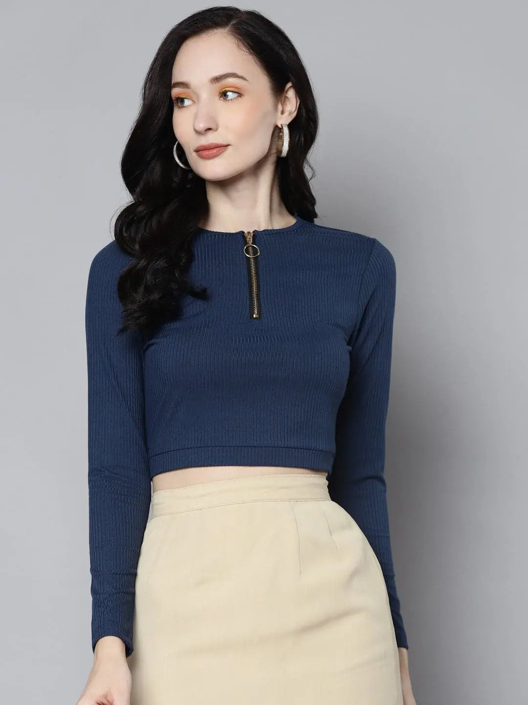 Women Blue Rib Zip Front Full Sleeves Crop Top Elegant Classic Vintage