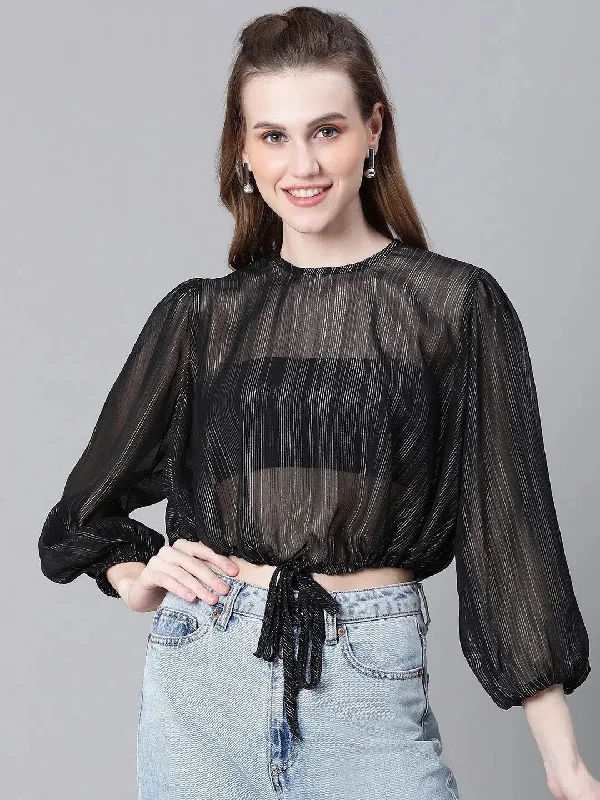 Womenn Black Round Neck Tie-Up Detailed Crop Top-W23246WBL003 Solid Print Embellished