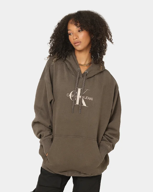 Calvin Klein Women's Mid Scale Monogram Hoodie Black/Olive Hoodie with Strings Custom Fit Adjustable