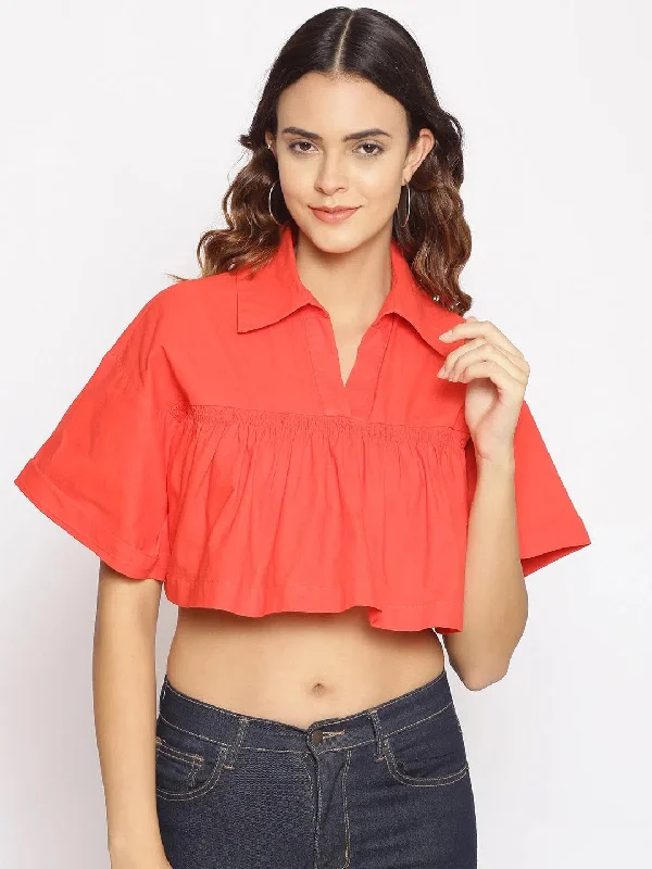 Coral Red Frilled Crop Top Mesh Canvas Denim