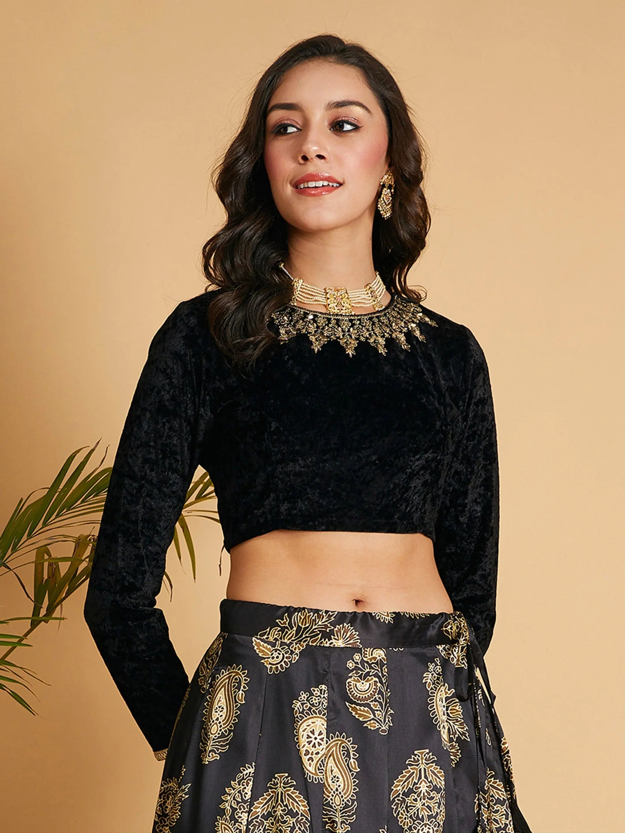 Women Black Velvet Embroidered Crop Top Polka Dot Checkered Tartan