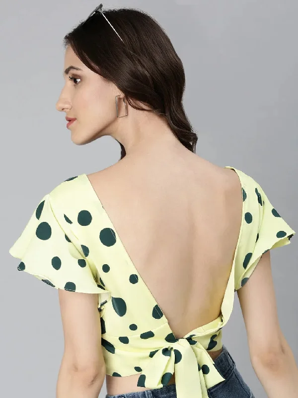 Women Lime Green Polka Dots Blouson Crop Top-AE-10670-Limegreen Polka Dot Checkered Tartan