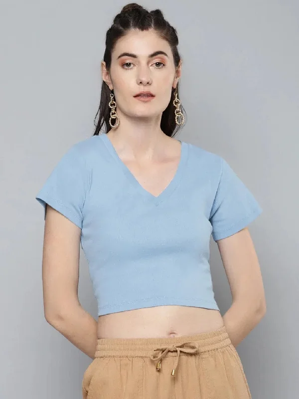 Blue V-Neck Crop Top Spandex Blend Rayon Blend Denim Blend