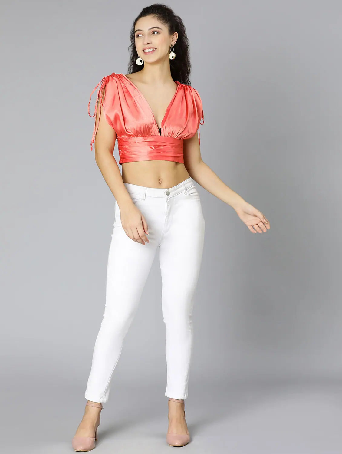 Wistful Glam Tie-Knotted Women Party Wear Satin Crop Top Mesh Canvas Denim