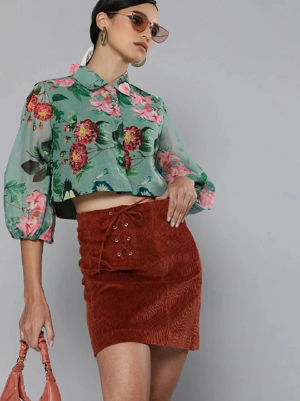 Olive Floral Organza Shirt Style Crop Top Casual Formal Business