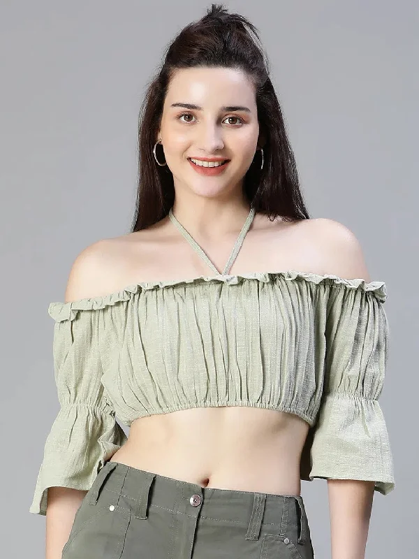 Women Light Green Ruffle Off -Shoulder Halter Crop Top-S23112WBL002 Denim Fabric Leather Fabric Suede Fabric