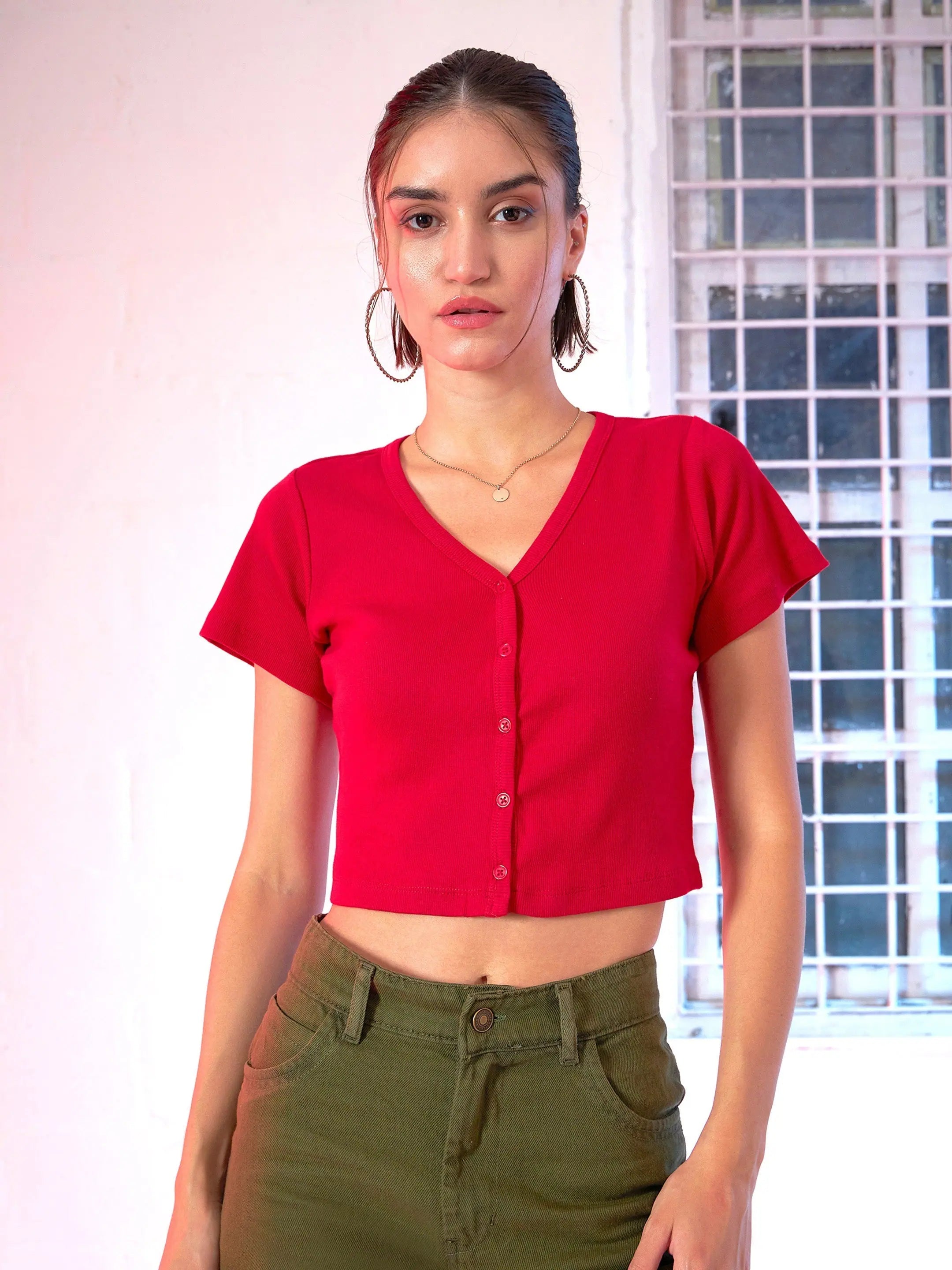 Women Red Front Button Crop Top Mesh Blend Leather Blend Suede Blend