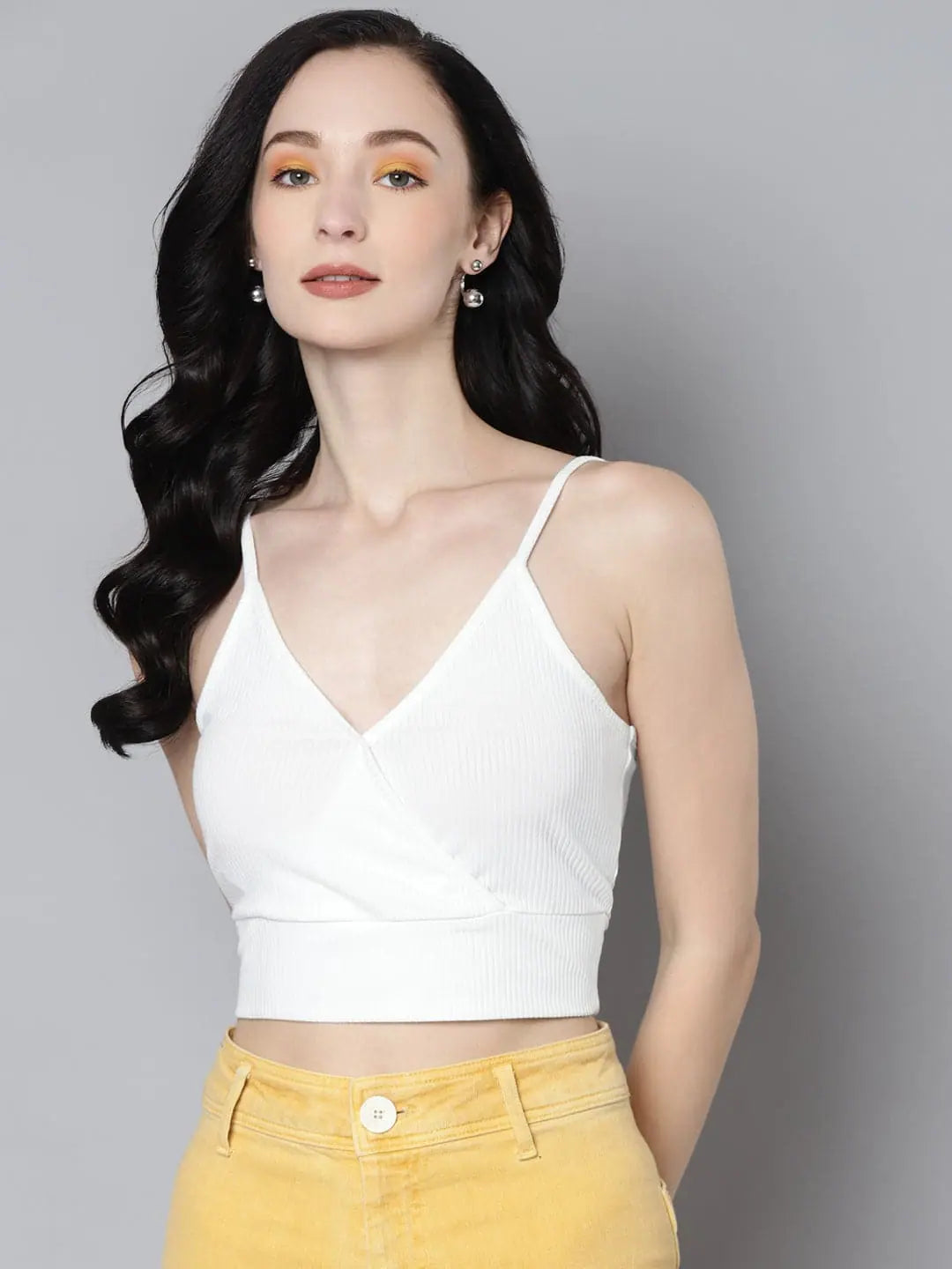 Women White Rib Wrap Neck Crop Top Ribbed Crop Top High Neck Heavyweight