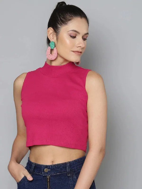 Fuchsia High Neck Crop Top Terry Blend Velvet Blend Canvas Blend