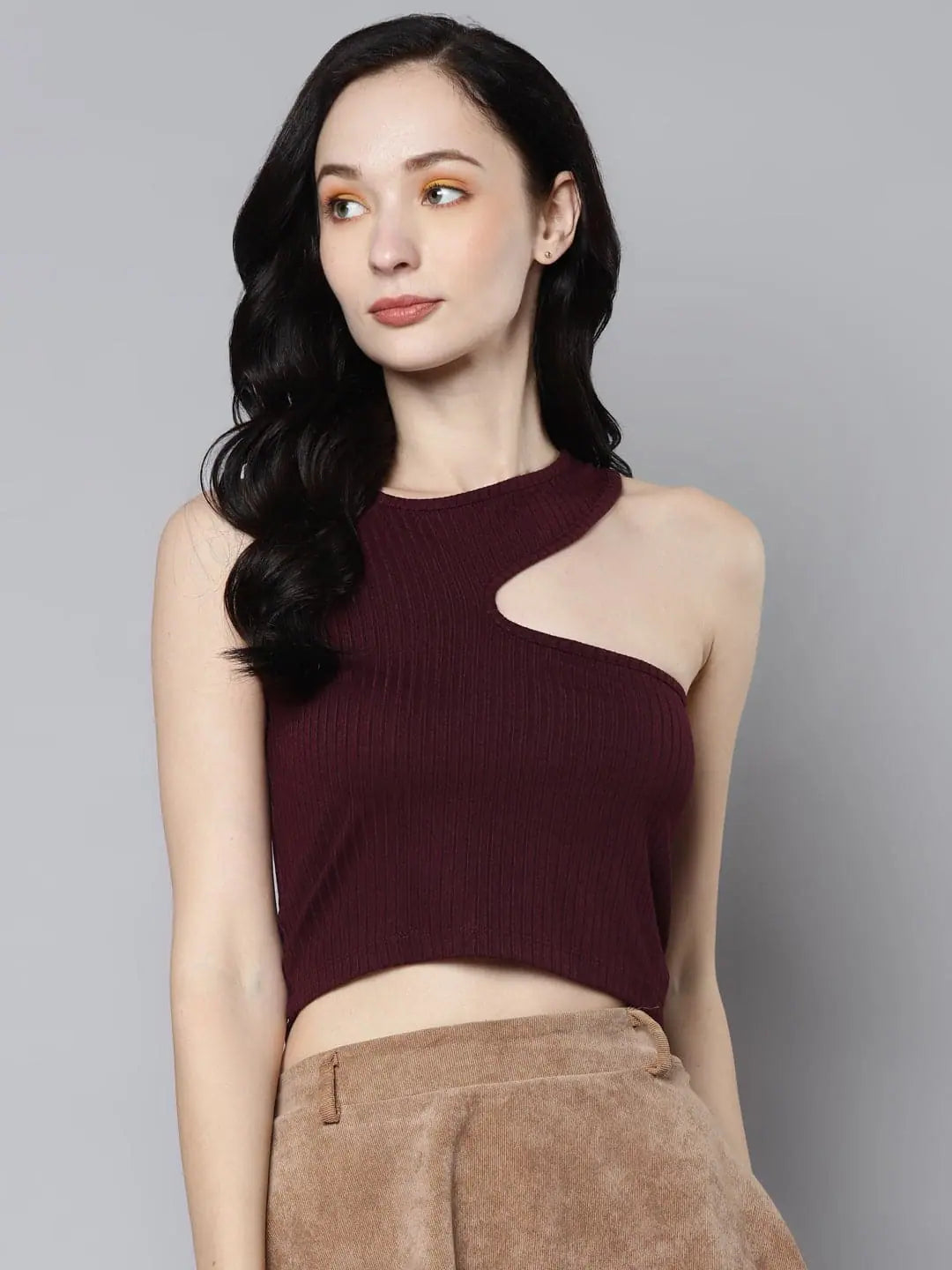 Women Burgundy Rib Asymmetric Armhole Crop Top Knit Fabric Woven Fabric Fleece Fabric