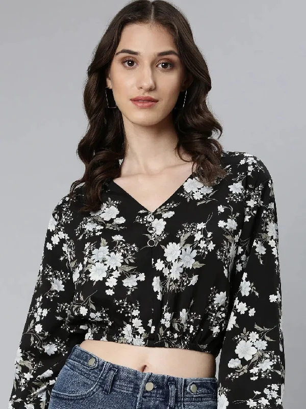 Women Black Floral Blouson Crop Top-AE-10771-Black Lace Blend Ribbed Blend Corduroy Blend