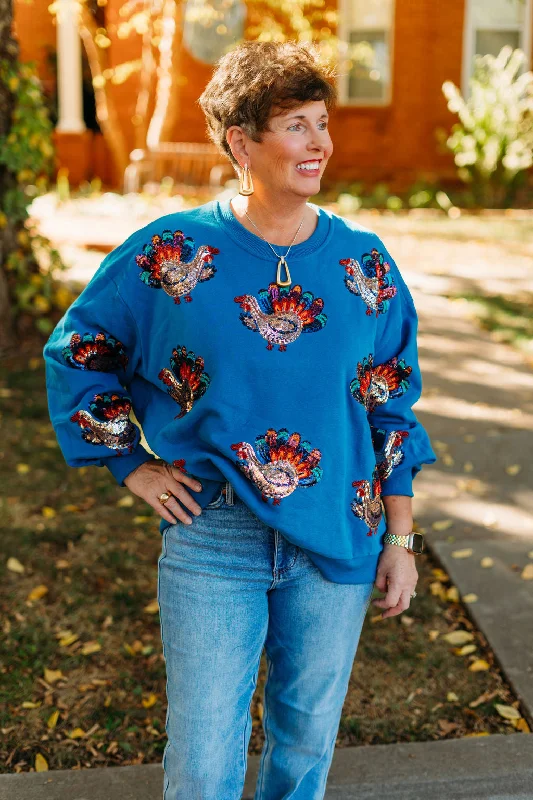 Queen of Sparkles: Dark Teal Beaded Turkeys All Over Sweatshirt Hoodie with Emblem Brand Identity