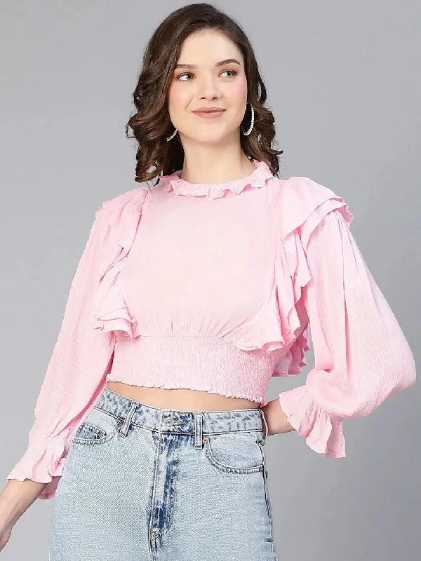 Wink Pink Ruffled Long Sleeve Women Casual Crop Top Welt Pockets Slit Pockets Flap Pockets