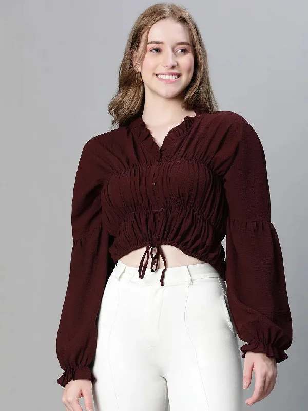 Women Soild Maroon Elasticated Tie-Up Long Sleeve Crop Top-W23240WBL003 Front Pockets Side Pockets Patch Pockets