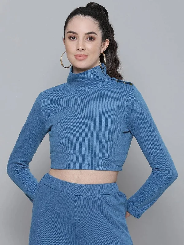 Blue Rib Turtle Buttoned Neck Crop Top Houndstooth Herringbone Solid