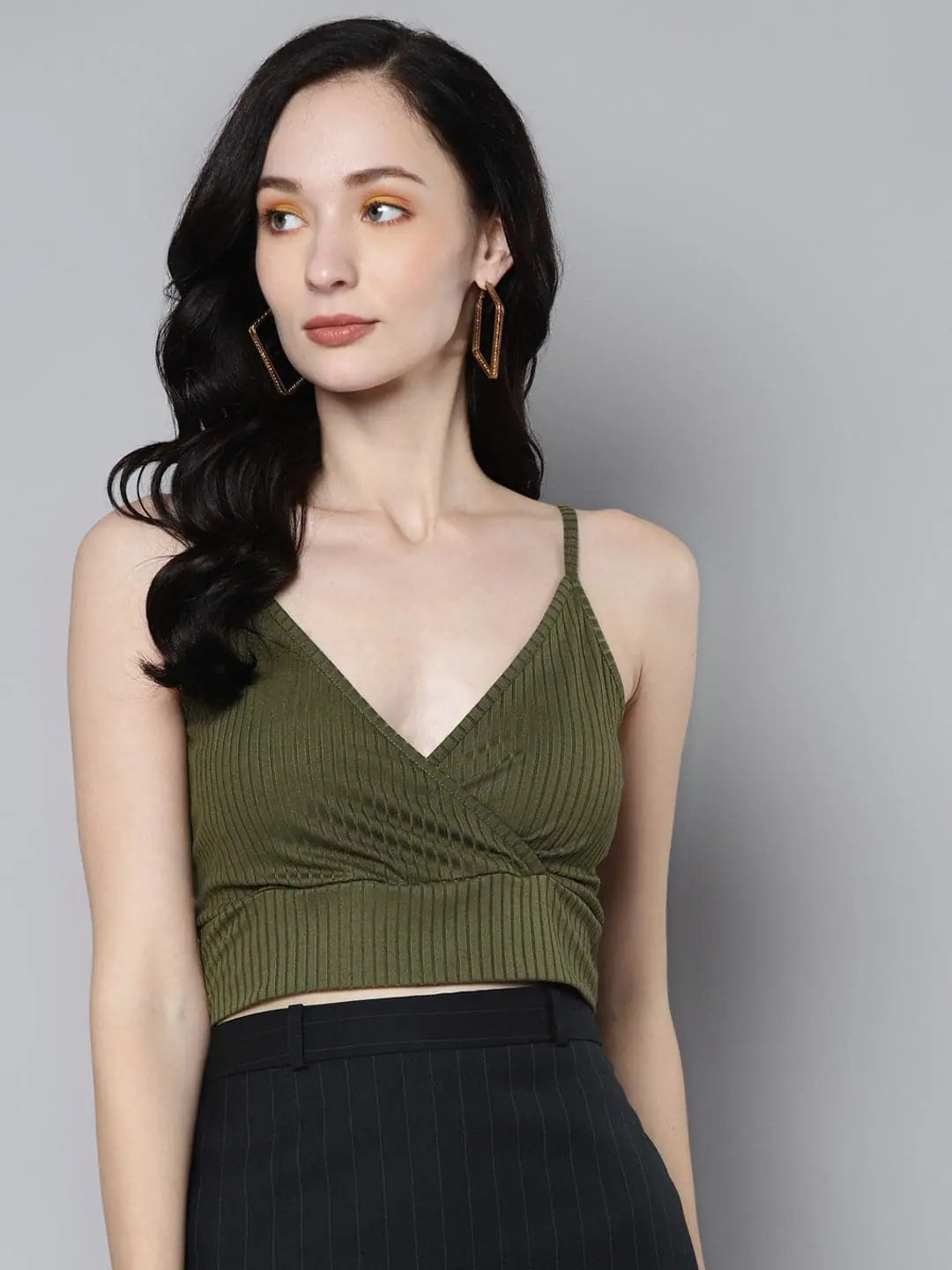 Women Olive Rib Wrap Neck Crop Top Asymmetrical Pockets Print