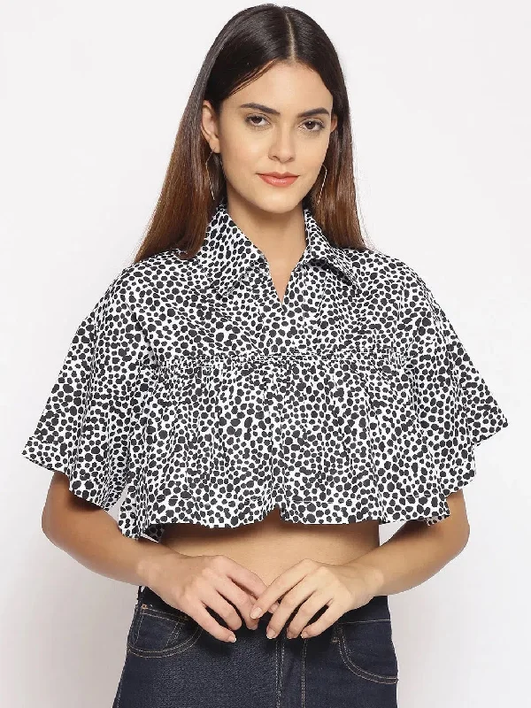 Animal Print Frilled Crop Top Elegant Classic Vintage