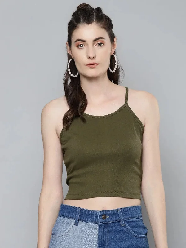 Olive Strappy Box Back Crop Top Mesh Fabric Canvas Fabric Denim Fabric