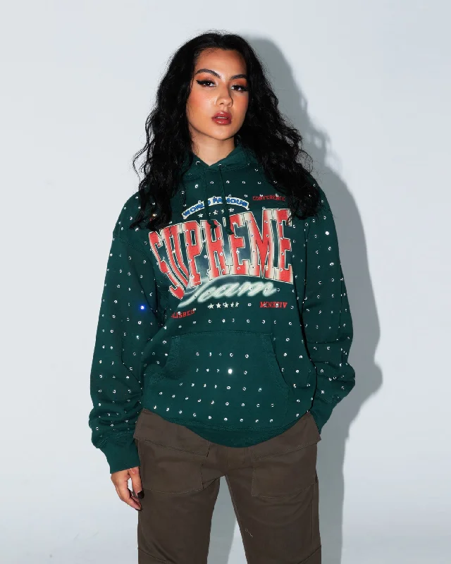 Supreme Rhinestone Hoodie Sweatshirt Dark Green Hoodie with Rolled Sleeves Casual Relaxed