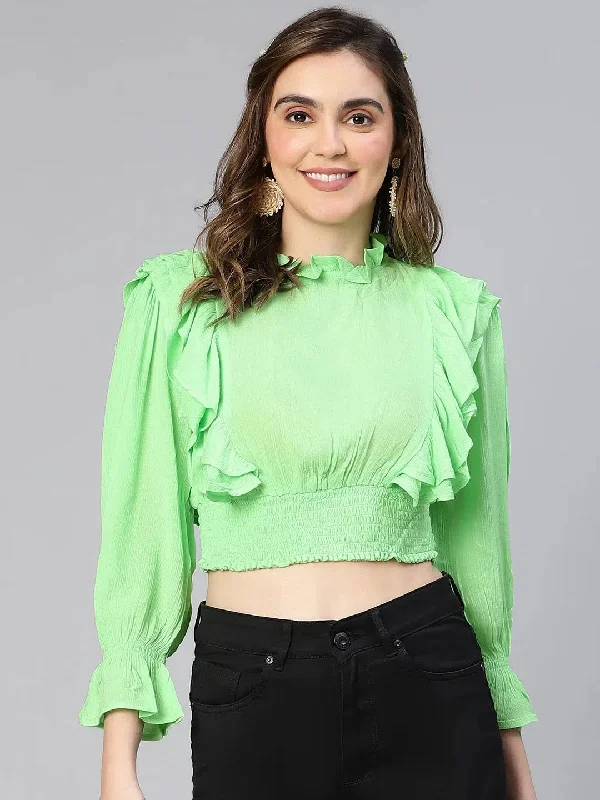 Women Solid Green Ruffled Long Sleeve  Casual Crop Top-S23078WBL002 Terry Blend Velvet Blend Canvas Blend