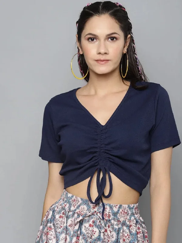 Navy Rouched Crop Top Embroidered Appliqued Beaded