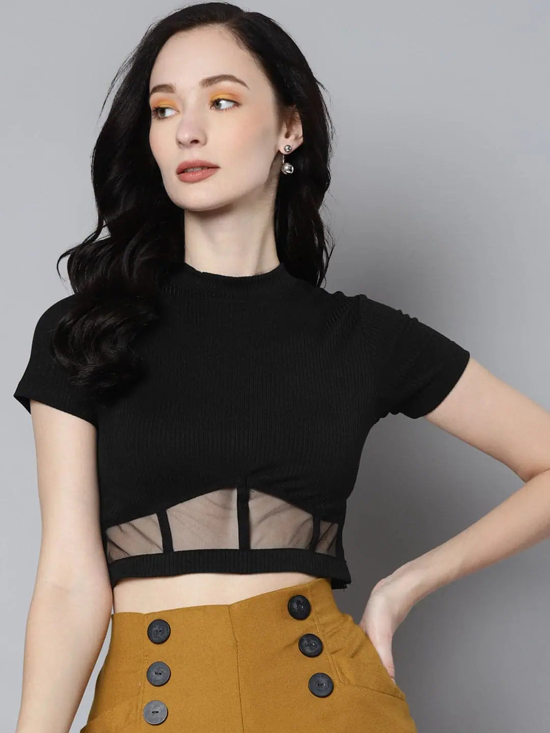 Women Charcoal Rib High Neck Crop Top Modern Contemporary Chic