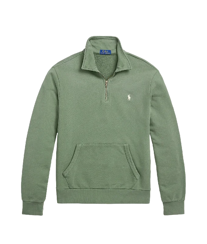 Loopback Fleece Quarter-zip Sweatshirt - Green Hoodie with Pocket Utility Practical