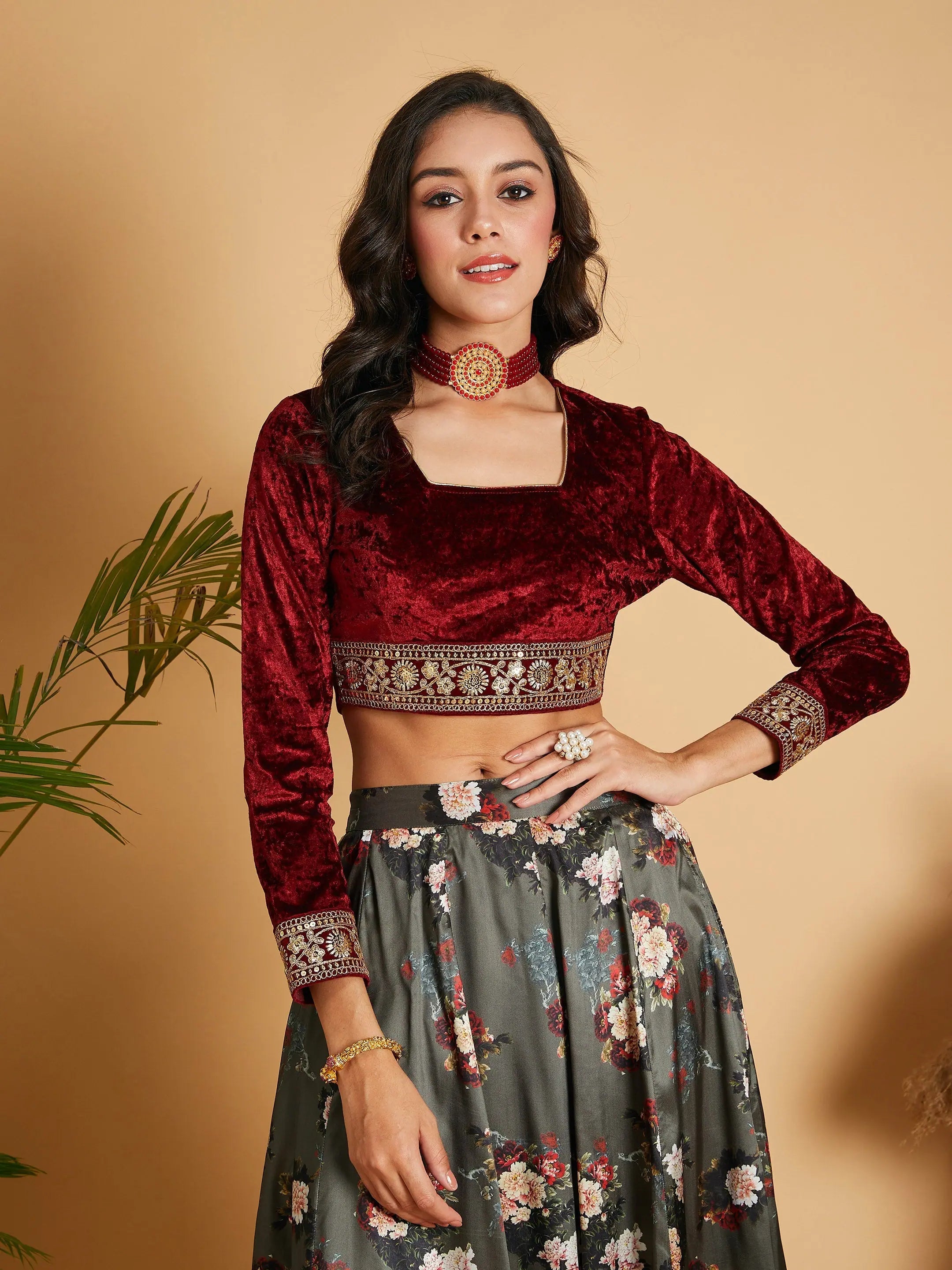 Women Maroon Velvet Embroidered Crop Top Striped Floral Plaid