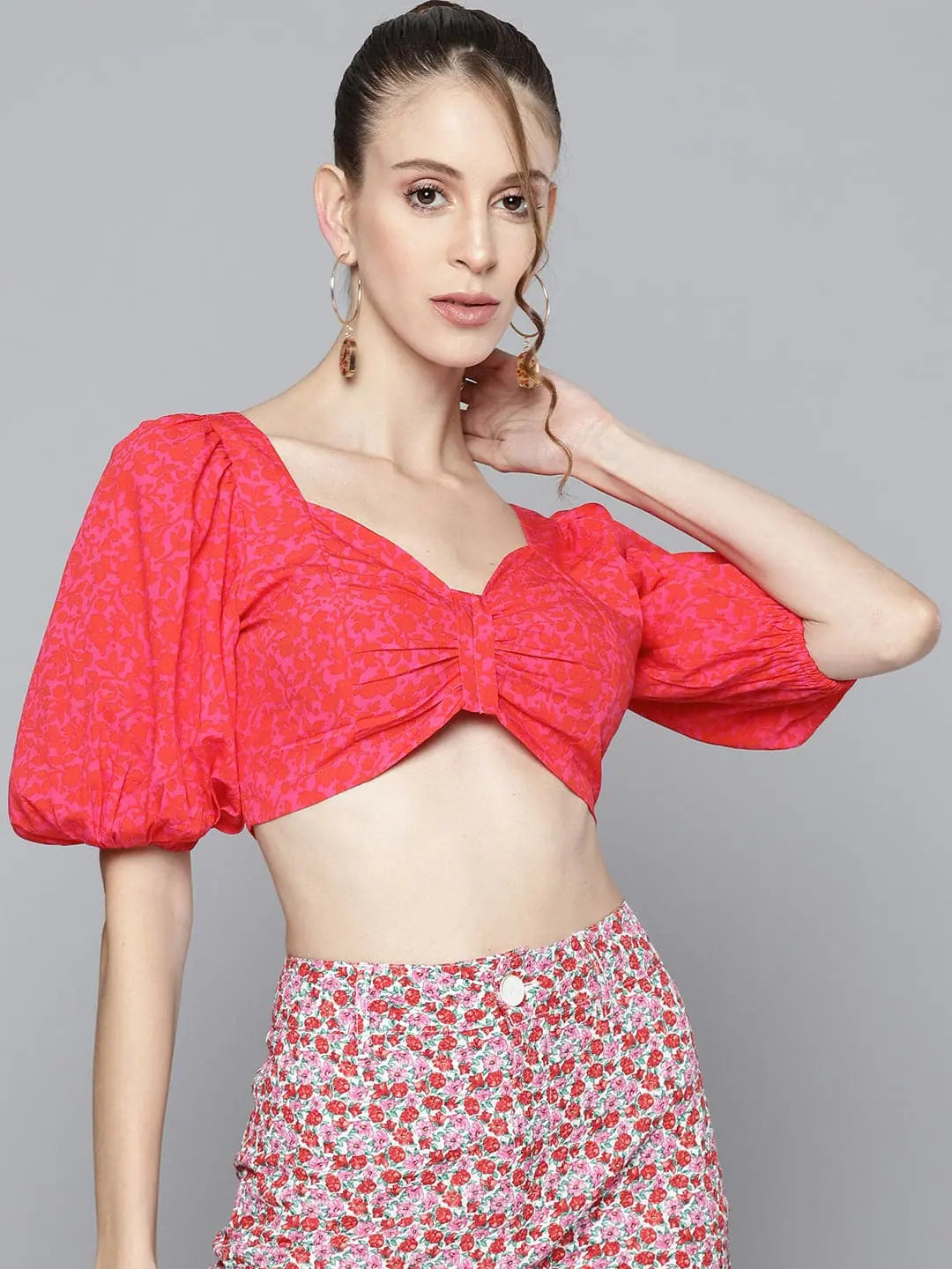 Women Fuchsia Floral Bow Detail Crop Top Thin Crop Top Open Front Quick Dry