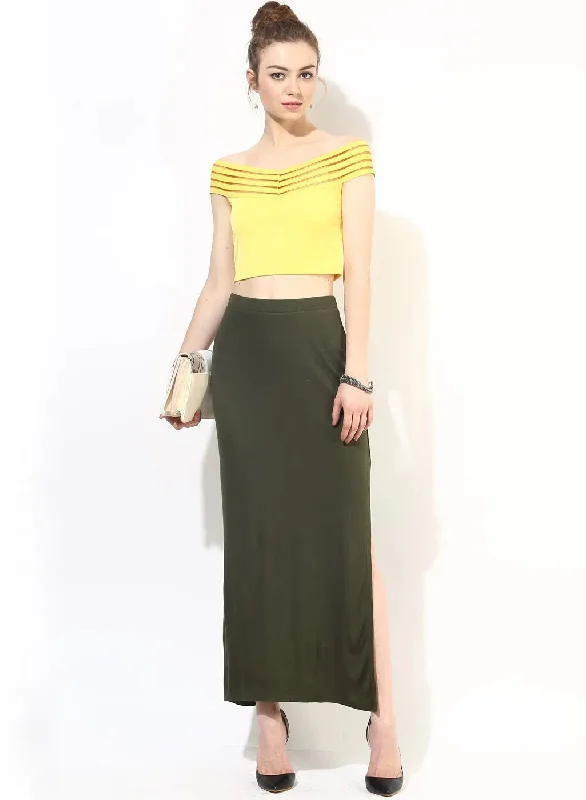 Yellow Tape Detail Bardot Crop Top Rayon Velvet Corduroy