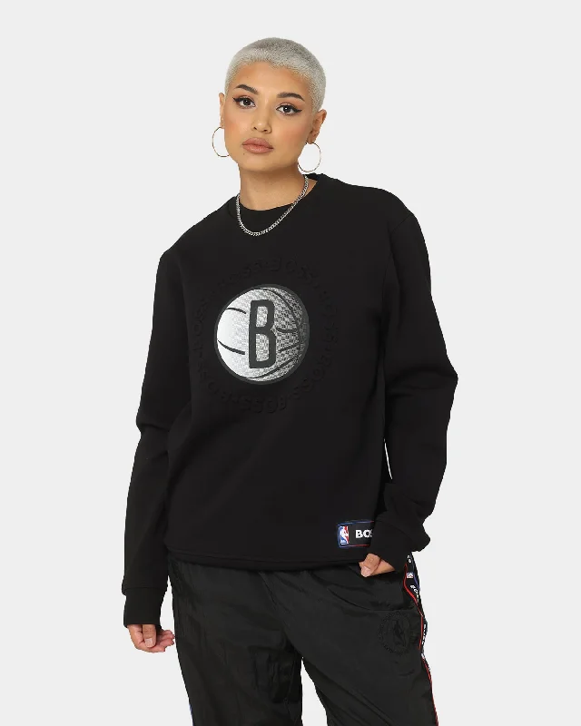 Hugo Boss Hugo Boss X NBA Brooklyn Nets Crewneck Sweatshirt Black Hoodie with Hem Raw Edge Edgy Unfinished