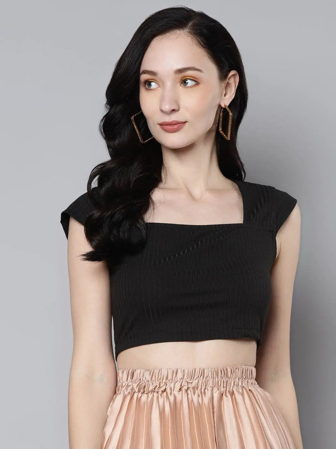 Women Charcoal Rib Square Neck Crop Top Silk Blend Satin Velvet