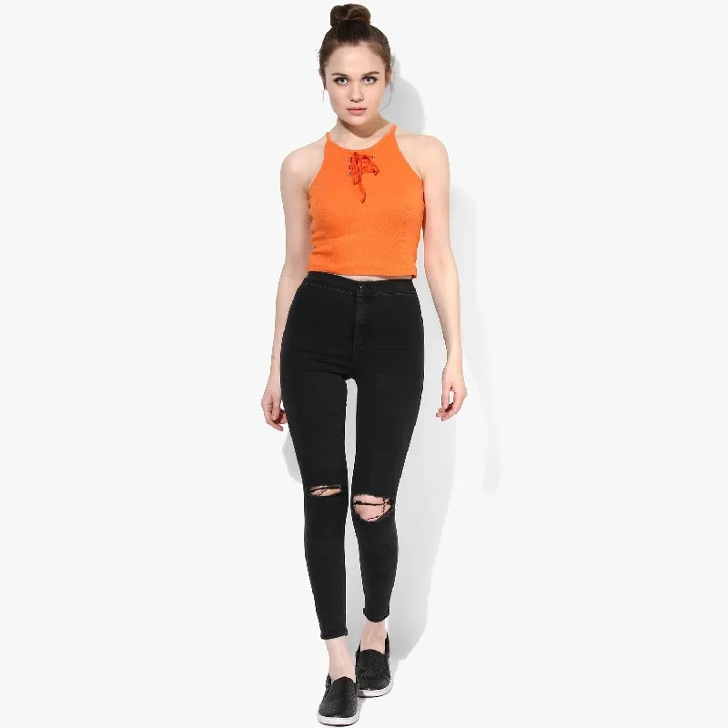 Orange Lace Up Ribbed Crop Top Nylon Fabric Polyester Fabric Spandex Fabric